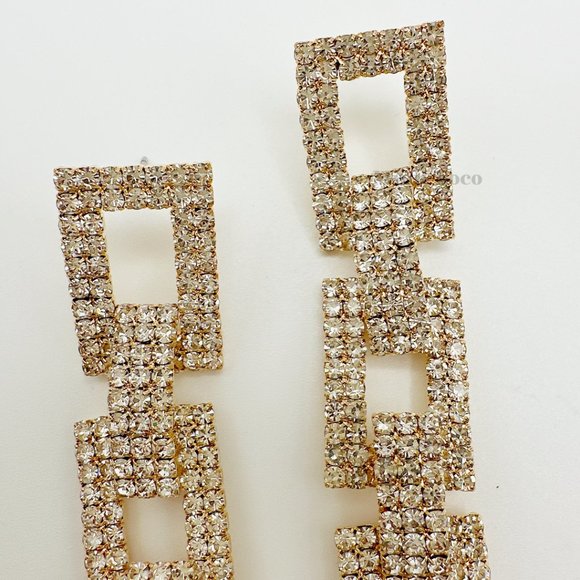 Gold Tone Rhinestone Rectangle Chain Link Earrings - Picture 8 of 10